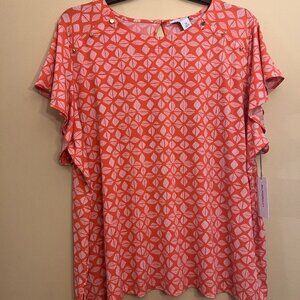 Liz Claiborne Womens Crew Neck short sleeve, Coral Geo, SZ 3X